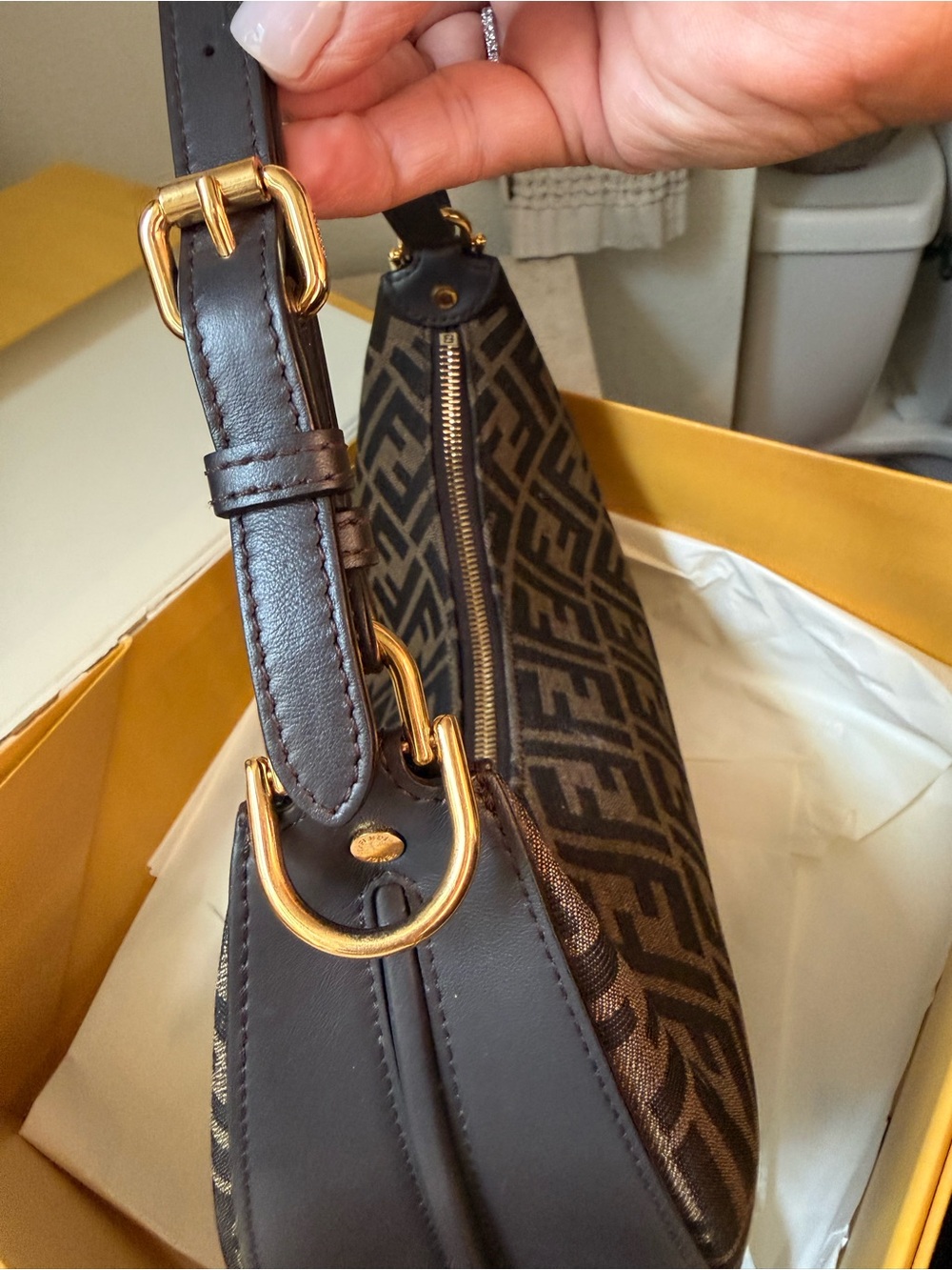 Fendi Brown and Black FF Logo Baguette Shoulder Bag with Gold Hardware - Picture 2 of 16